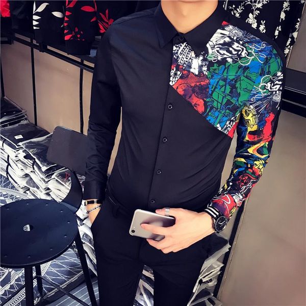 

men's casual shirts 2021 spring and autumn korean slim long-sleeved shirt fashion color matching printing base black / white -3xl, White;black