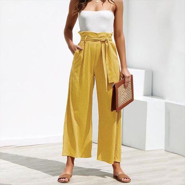 

women fashion elastic waist wide leg capris trouser spring summer ankle length pants female casual high waist straight pant, Black;white