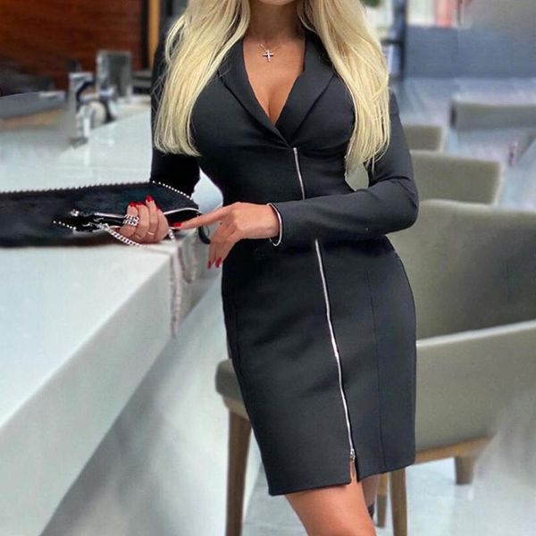 

ударное платье выше колено отворота с длинным рукавом женщинами в bodycon zip up офис lady black vestidos женской спецодежда сексуальной осе, Black;gray