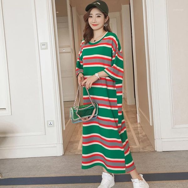 

#4925 summer cotton stripe t shirt dress women short sleeve plus size loose green ankle-length straight large size round neck1, Black;gray