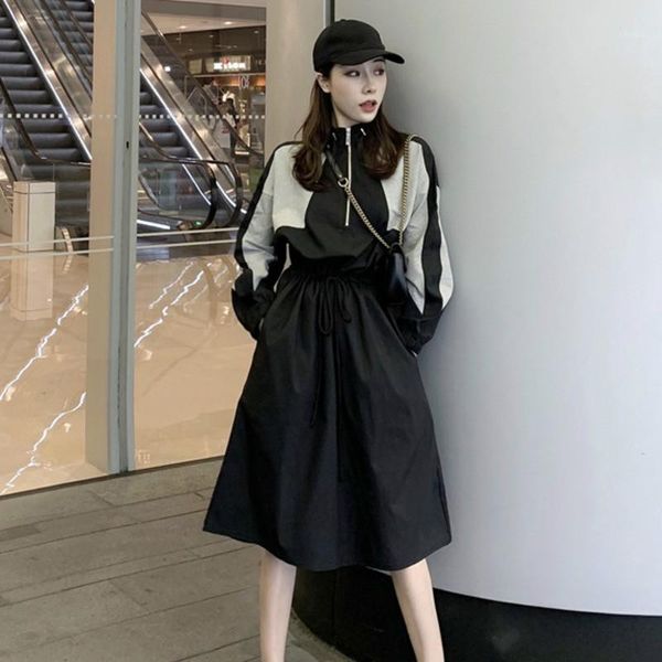 

ewq] 2020 autumn new fashion trend ladies long-sleeved stitching design women dresses sports and leisure stand dresses1, Black;gray