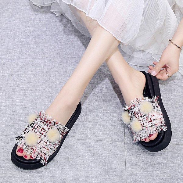 

lazy slippers female outer wear fashion word drag 2020 summer cute fur ball pearl thick bottom sandals and slippers z8091, Black