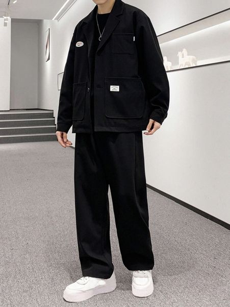 

men patch detail drop shoulder coat & pants 47os#, Gray