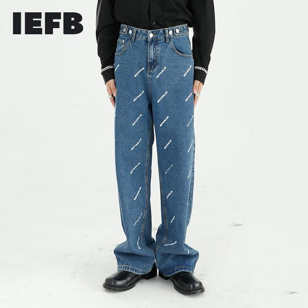 

iefb men's wear 2021 new letter printed korean streetwear fashion straight adjustable waist blue jeans casual denim trousers h1209