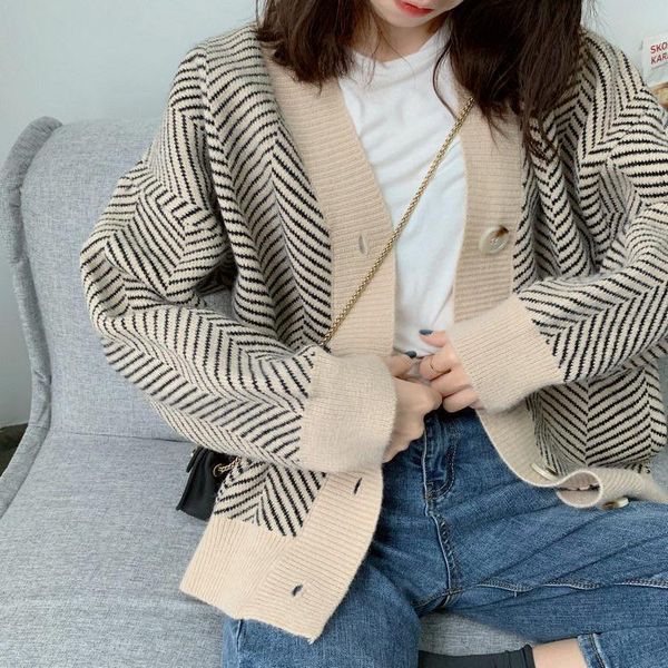 

women's knits & tees autumn and winter striped female korean version v-neck loose long-sleeved knitted cardigan jacket, White