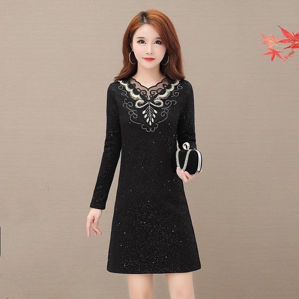 

casual dresses women's spring autumn dress printed lace patchwork long sleeve o-neck korean elegant 3449, Black;gray