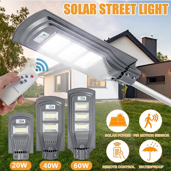 Espiga LED solar solar 20w 40w 60w wall street luz luz impermeável lâmpada de radar pir movimento luz de rua para jardim ao ar livre