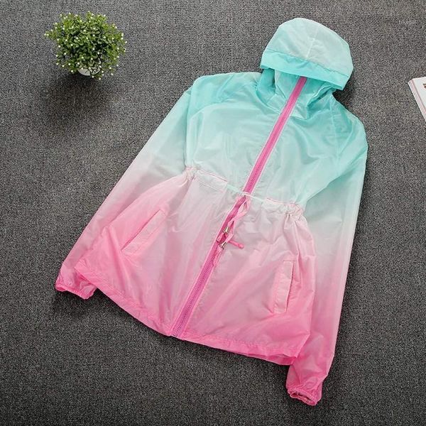 

women casual long sleeve high collar hooded regular ultra-light gradient color sun loose protection coat1, Black;brown