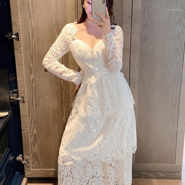 

autumn 2020 new high-end temperament banquet white lace dress light luxury ladies light mature hollow long sleeve dress1, Black;gray