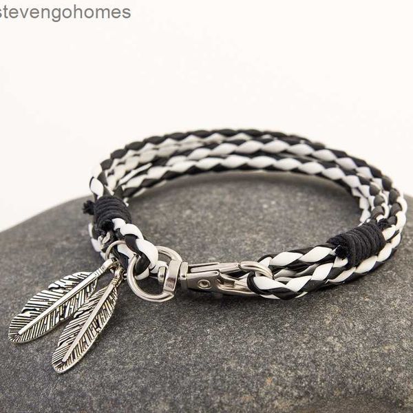 

bracelet punk multi-layer hand rope woven leaves leather ornament, Silver