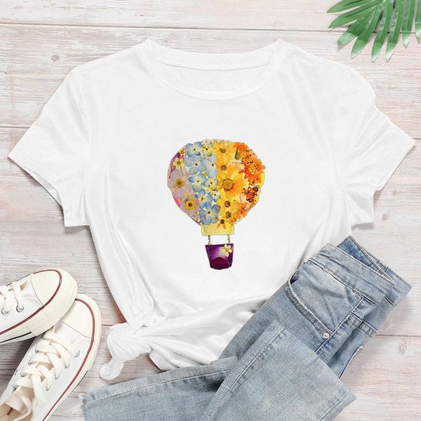 

летний стиль t shirtred желтые цветы и воздушный шар графический дизайн новые женщины футболка harajuku великолепная рубашка принтера, White