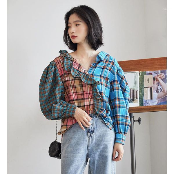 

fashion hit color women plaid shirt female ruffle v-neck 2021 women new blouses 1, White