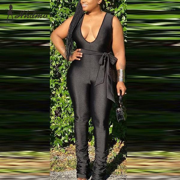 

hhdmv 2020 classic black club lace up deep v-neck tank sleeve high waist elastic women pencil jumpsuits1, Black;white