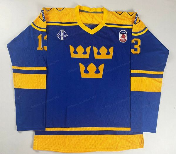 

custom canada mats sundin #13 team sweden hockey jersey men's stitched blue any size 2xs-5xl name or number jersey quality, Black;red