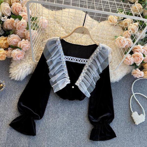 

autumn winter all-match velvet bottoming shirt women's mesh ruffled stitching puff sleeve square collar uk8631, White