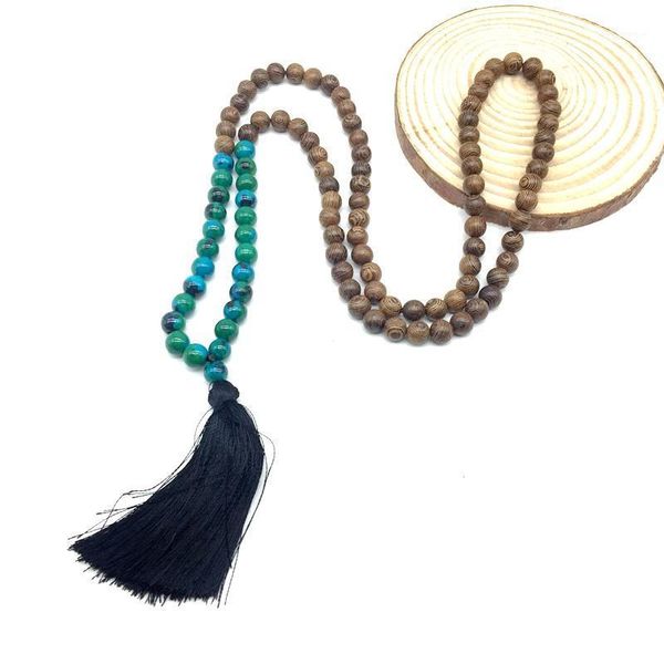 

Hand made wood bead woman necklace tassel pendant mala style bohemia natural stone beads long Model1, Golden;silver