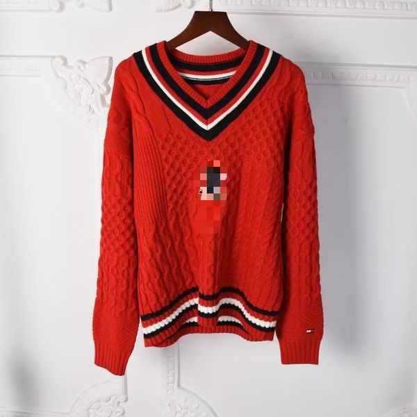 

130 2021 spring brand same style regular long sleeve v neck red white kint sweater women clothes mihonh0, White;black