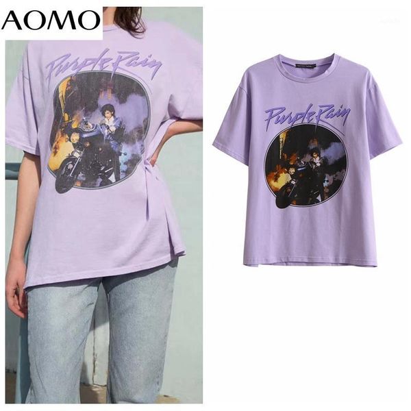 

aomo women vintage print purple cotton t shirt short sleeve o neck tees ladies casual tee shirt street wear ay127a1, White