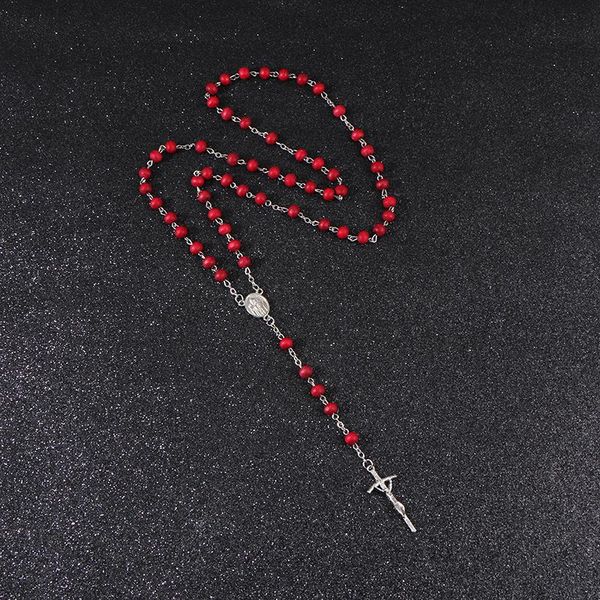 

komi new design 6mm bead red wooden bead handmade cross rosary pendant cross necklace religious jesus catholicism jewelry r-199, Silver