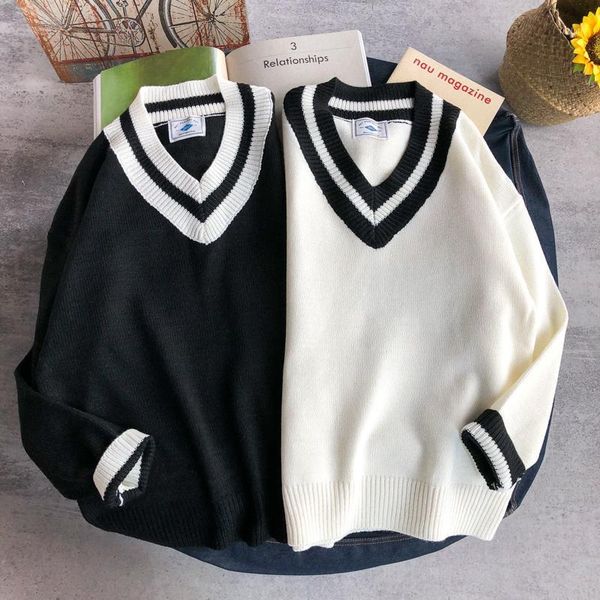 

2019 large size harajuku striped couple ladies sweater korean kpop autumn and winter v-neck sweater simple kawaii pullover full1, White;black