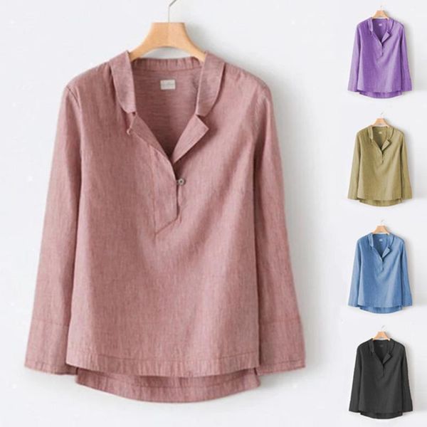 

fashion women blouse shirt long sleeve women shirts plus size casual solid cotton linen buttons stand collar office blouse, White