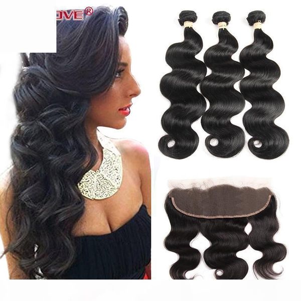 

3 bundle hair with lace frontal with baby hair brazilian virgin human body wave hair frontal closure ear to ear 13*4 part, Black;brown