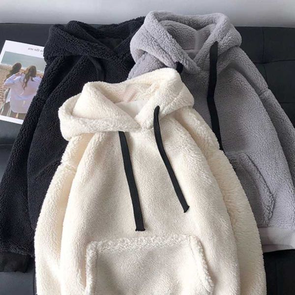 

2021 plush lamb wool women's hooded winter white tide all-match coat lazy wind jacket women, Black
