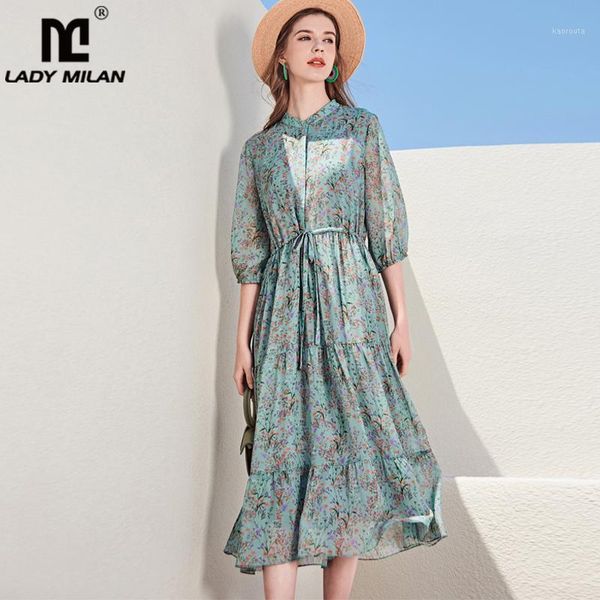 

100% silk women's runway dresses o neck half sleeves printed lace up tiered fashion casual summer dresses1, Black;gray