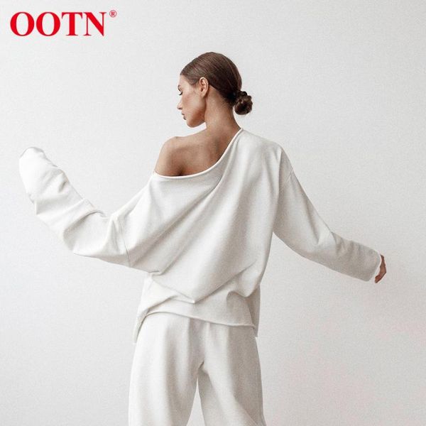 

ootn white pullover women sweatshirts off shoulder long sleeve loose streetwear female knitted sweatshirts autumn winter, Black