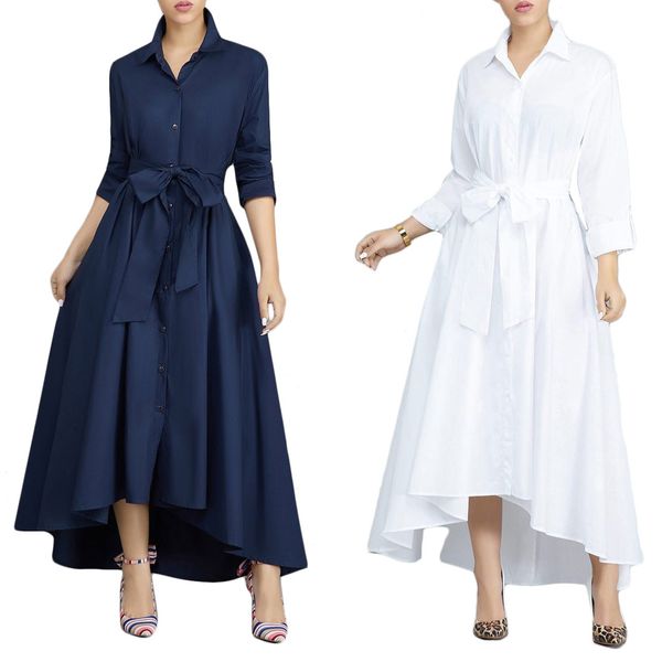 

women fashion offce lady shirt long dresses lapel neck double-breasted casual skirt waist tie solid color irregular dress, White;black