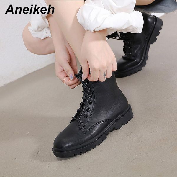 

aneikeh spring boots women shoes ankle riding equestrian pu zipper square heel lace-up round toe size 35-40 new 2020 fashion, Black