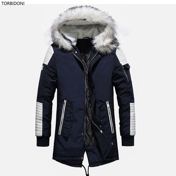 

men's down & parkas patchwork parka brand winter coat men casual hooded long padding male faux fur hat thicken warm jacket zipper outwe, Black