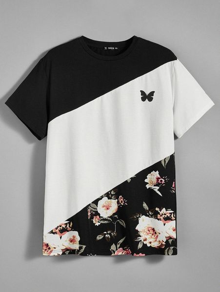 

men colorblock butterfly detail floral print panel t7yt#, White;black