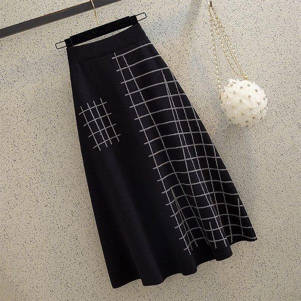 

2021 новая мода женщины осень зима шикарный a-line asymeterry клетки вязаные юбки женские молния высокий талию свитер midi юбки o49, Black