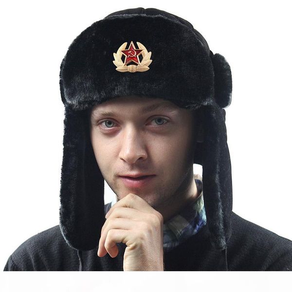 

soviet army military badge russia ushanka bomber hats pilot trapper trooper hat winter faux rabbit fur earflap men snow caps t200730, Blue;gray