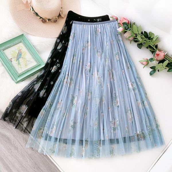 

autumn long pleated skirt wf0138 women daisy floral skirt black blue apricot tulle skirts1