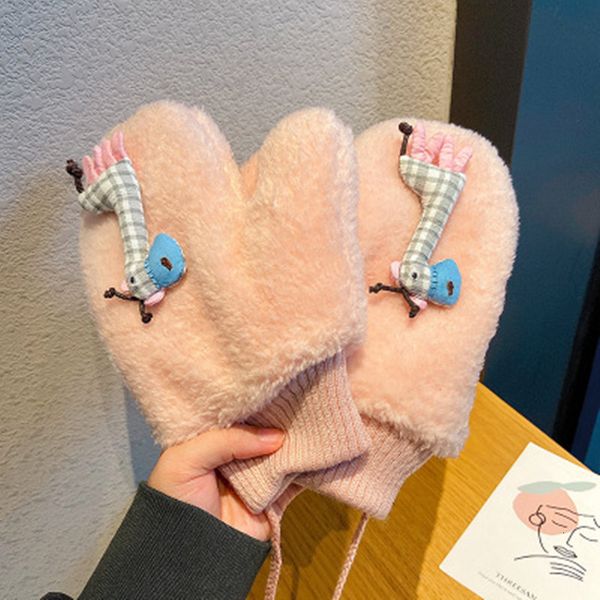 

gloves cashmere mittens winter female plus velvet cute student korean version of thick warm gloves plush hanging neck full finger cycling, Blue;gray