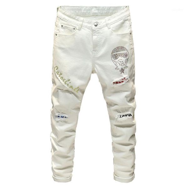 

sokotoo men's fashion crystal patchwork white jeans streetwear slim fit patch design stretch denim pants1, Blue