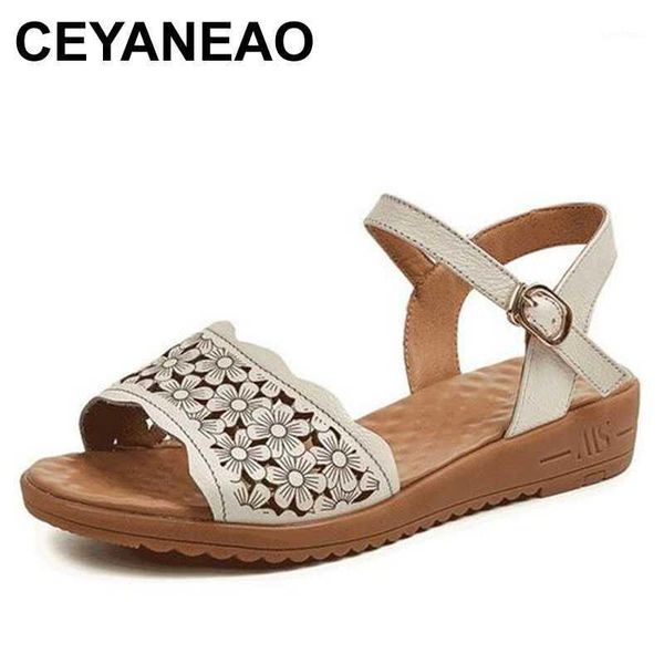 

ceyaneao promotional cowhide flower summer shoes woman fashion sandals 2020 soft sole non-slip clothing flat sandals summer1, Black
