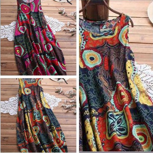 

2019 new women's loose large cotton hemp sling round neck short sleeve national style printed long skirt, Black;gray