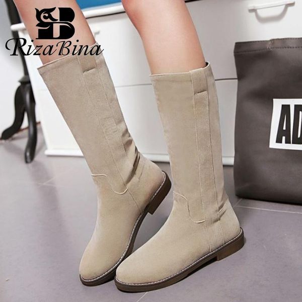 

rizabina размер 34-43 женщины mid calf boots boots flats stick slip на обувь обувь зимние теплые сапоги женщины модный офис обувь вечеринка, Black