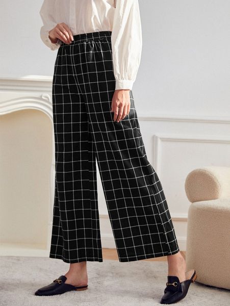 

grid plaid wide leg pants h3wq#, Black;white