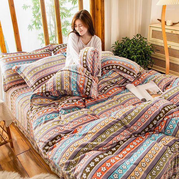 

bohemia style flannel fleece bedding set flower duvet cover pastoral bed linen winter warm thicken bedclothes1 sets