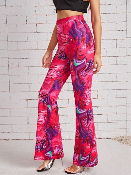 

marble print flare leg pants 10fn#, Black;white