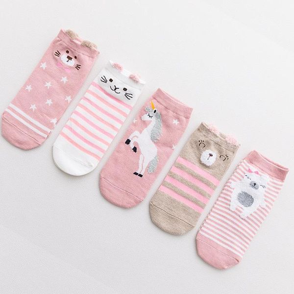 

5 pairs women's short socks cute lovely pink cartoon sweet cotton women socks casual women ankle funny female1, Black;white