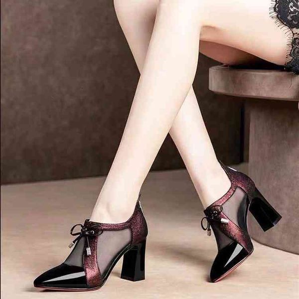 

short boots women's pumps breathable patent leather thick mid-heel mesh high heels professional shoes for women, Black