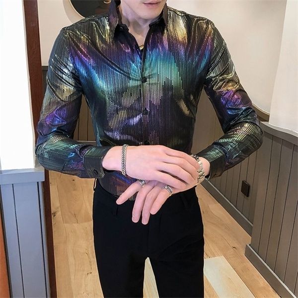 

shirt slim rainbow nightclub bar outfit camisa social masculina streetwear mens casual shirts british style 2020 autumn fashion c1212, White;black