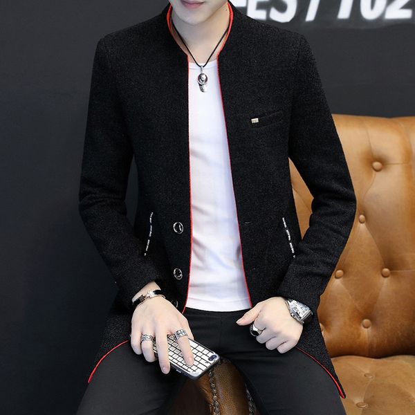 

autumn and winter mid long woolen plush casual korean handsome trend suit coat men's windbreaker slim, Tan;black