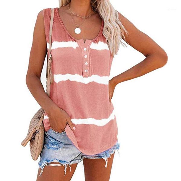 

large size women sleeveless tank casual button tie dye stripe color block patchwork t shirt female vest summer1, White