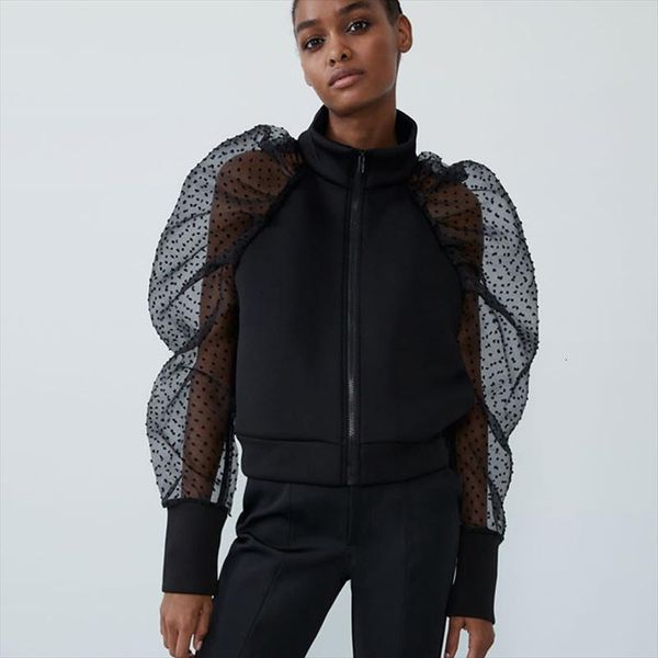 

new women puff sleeve coats jackets black mesh zipper coat long sleeve dot outerwear ladies autumn winter patchweotk streetwear, Black;brown